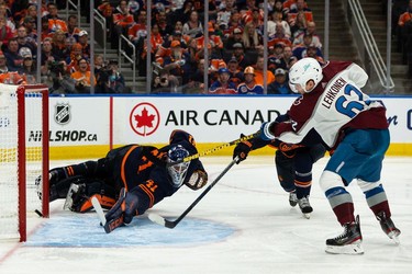 Edmonton Oilers' goaltender Mike Smith (41) is scored on by Colorado Avalanche's Artturi Lehkonen (62) during the overtime period of Game 4 of the NHL Western Conference Final action at Rogers Place in Edmonton, on Monday, June 6, 2022.
