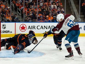 Edmonton Oilers' goaltender Mike Smith (41) is scored on by Colorado Avalanche's Artturi Lehkonen (62) during the overtime period of Game 4 of the NHL Western Conference Final action at Rogers Place in Edmonton, on Monday, June 6, 2022.