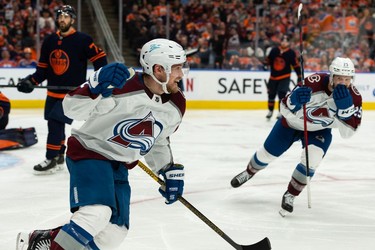 Colorado Avalanche's Artturi Lehkonen (62) celebrates his game winning goal on Edmonton Oilers' goaltender Mike Smith (41) during the overtime period of Game 4 of the NHL Western Conference Final action at Rogers Place in Edmonton, on Monday, June 6, 2022.