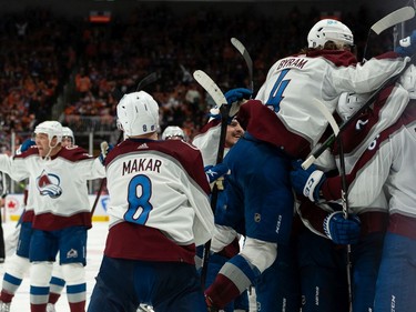 The Colorado Avalanche celebrate their overtime win over the Edmonton Oilers in Game 4 of the NHL Western Conference Final at Rogers Place in Edmonton, on Monday, June 6, 2022.
