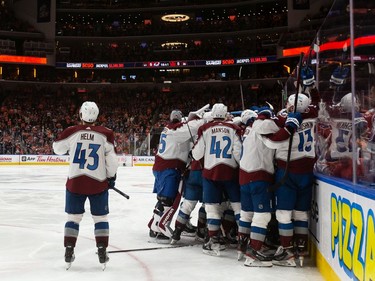 The Colorado Avalanche celebrate their overtime win over the Edmonton Oilers in Game 4 of the NHL Western Conference Final at Rogers Place in Edmonton, on Monday, June 6, 2022.