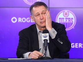 General Manager and President of Hockey Operations Ken Holland speaks to the media following the conclusion of the Edmonton Oilers' 2021-22 NHL season, in Edmonton Wednesday June 8, 2022.