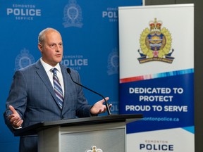 Edmonton Police Service acting Staff Sgt. David Graham speaks about the arrest of Darcy Willier, 38, in relation to multiple arsons in the Alberta Avenue/Parkdale community in 2021/22 during a news conference in Edmonton on Thursday, June 30, 2022. Willier was charged with seven counts of arson, two counts of arson with disregard for human life as well as several firearms-related charges.
