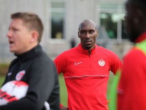 Canadian veteran Atiba Hutchinson, pictured during a training session in Vancouver, called it ‘a tough decision for us on the team’ to refuse to play Panama in Sunday’s scheduled friendly match at B.C. Place.