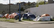 A homeless encampment in Edmonton's Chinatown on June 1, 2022.