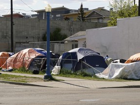 A homeless encampment in Edmonton's Chinatown on June 1, 2022.