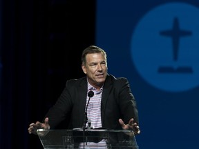 Bruce Frank, chair of the Southern Baptist Convention's sexual abuse task force, speaks during its annual meeting in Anaheim, Calif., on June 14, 2022.