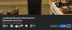 A screenshot of the secret Facebook group “Landlords Beware! Bad Tenants — Edmonton and area.”