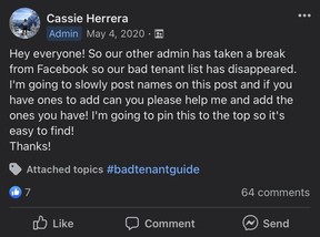 Edmonton tenants angry over more landlord "bad tenants" lists found Cassie Herrera, former Facebook group administrator