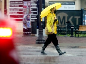 Edmonton Weather: Wet, Over 40 Mm Of Rain In The Last 24 Hours 3 A Pedestrian Makes His Way Into The Rain Near Gateway Boulevard. And Tuesday, June 14, 2022 At 82 Ave., Edmonton.