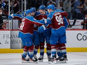 Jun 2, 2022; Denver, Colorado, USA; Colorado Avalanche defenseman Josh Manson (42) celebrates his goal with left wing Artturi Lehkonen (62) and right wing Mikko Rantanen (96) and center Nazem Kadri (91) in the second period against the Edmonton Oilers in game two of the Western Conference Final of the 2022 Stanley Cup Playoffs at Ball Arena.