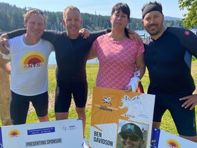 CASA fundraising cyclists on Vancouver Island were surprised last week when Tawni Davidson, wife of the late Haida Gwaii artist Ben Davidson, was flown into Courtenay as a surprise by three fellow riders.  The group, from left to right: Matthew Decore, Chad Stewart, Tawni Davidson and Shane Kyle.