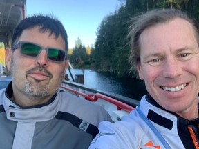 Haida Gwaii artist Ben Davidson, left, planned a fundraising tour for Edmonton's CASA cyclists on Vancouver Island with his good buddy Matthew Decore not long before he died unexpectedly of a heart attack in August 2020.