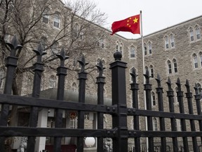 The flag of the People's Republic of China flies at the Embassy of China in Ottawa, on Nov. 22, 2019. A federal research unit detected what might be a Chinese Communist Party information operation that aimed to discourage Canadians of Chinese heritage from voting for the Conservatives in the 2021 federal election.