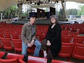 David Horak, artistic director of the Freewill Shakespeare Festival, left, and Nancy McAlear, Measure for Measure director at the Heritage Amphitheatre in Hawrelak Park.