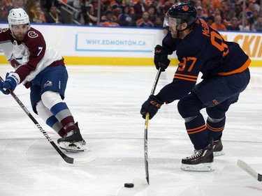 Edmonton Oilers' Connor McDavid (97) scores on the Colorado Avalanche's c during Game 3 of the Western Conference Final at Rogers Place, in Edmonton Saturday June 4, 2022.