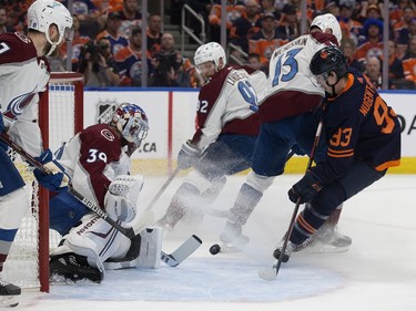 Edmonton Oilers' Ryan Nugent-Hopkins (93) is stopped by the Colorado Avalanche's goalie Pavel Francouz (39) during Game 3 of the Western Conference Final at Rogers Place, in Edmonton Saturday June 4, 2022.