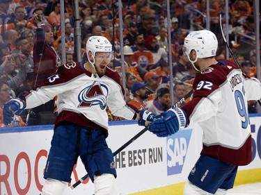 The Colorado Avalanche's Valeri Nichushkin (13) and Gabriel Landeskog (92) celebrate the team's second goal against the Edmonton Oilers during Game 3 of the Western Conference Final at Rogers Place, in Edmonton Saturday June 4, 2022.