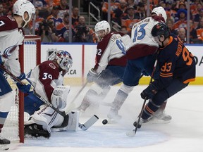 Edmonton Oilers' Ryan Nugent-Hopkins (93) is stopped by the Colorado Avalanche's goalie Pavel Francouz (39) during Game 3 of the Western Conference final at Rogers Place in Edmonton on Saturday June 4, 2022.