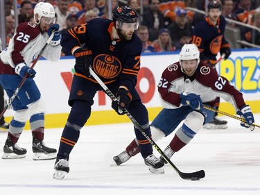 Edmonton Oilers' Leon Draisaitl (29) battles the Colorado Avalanche's Artturi Lehkonen (62) during Game 3 of the Western Conference Final at Rogers Place, in Edmonton Saturday June 4, 2022.