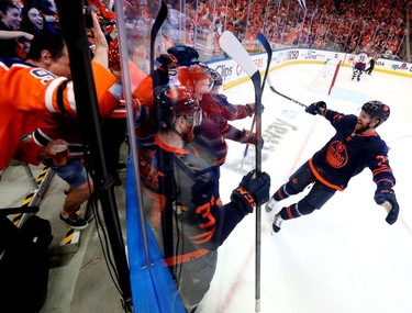 Edmonton Oilers celebrate their second goal against the Colorado Avalanche during Game 3 of the Western Conference Final at Rogers Place, in Edmonton Saturday June 4, 2022.