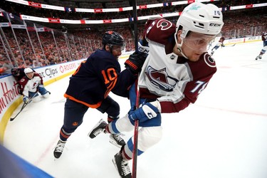 Edmonton Oilers' Derek Ryan (10) battles the Colorado Avalanche's Nico Sturm (78) during Game 3 of the Western Conference Final at Rogers Place, in Edmonton Saturday June 4, 2022.