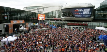 Edmonton Oilers' fans wait for the start of Game 3 of the Western Conference Final against the Colorado Avalanche, outside Rogers Place in Edmonton Saturday June 4, 2022.