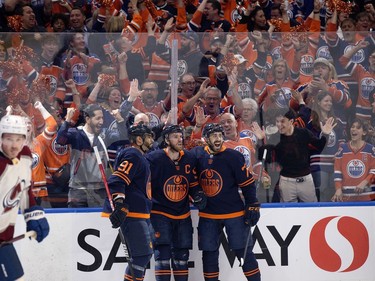 Edmonton Oilers' Evander Kane (91), Connor McDavid (97) and Evan Bouchard (75) celebrate a goal against the Colorado Avalanche during Game 3 of the Western Conference Final at Rogers Place, in Edmonton Saturday June 4, 2022.