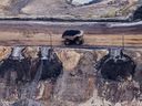 A heavy transport truck truck passed through the oil sands mine near Fort McMurray in Fort Alta.