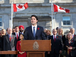 Newly elected Prime Minister Justin Trudeau shows off his gender-parity cabinet in 2015.