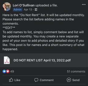 A screenshot of the secret Facebook group “Landlords Beware! Bad Tenants — Edmonton and area.”