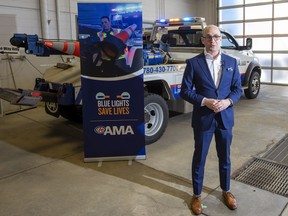 Alberta Motor Association vice-president, advocacy and operations Jeff Kasbrick talks about the pilot project by the provincial government to allow blue lights on tow trucks on Friday, June 10, 2022 in Edmonton. Tow truck operators will be allowed to use blue lights to increase their visibility and safety while working on Alberta highways.