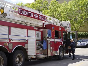 A fire truck outside Station One in Edmonton where Rob McAdam. deputy fire chief, public safety, provided an update on Friday, June 10, 2022, on the work being done by the community property safety team pilot, which has been addressing the worsening problem of fires occurring in unsecured vacant properties in Edmonton.
