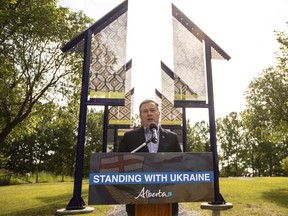 Premier Jason Kenney announces new supports for Ukrainians arriving in Alberta, in Edmonton Alberta, July 4, 2022. Eligible Ukrainians arriving in Alberta will have access to new social supports, including temporary funding to cover basic expenses and a child care subsidy.