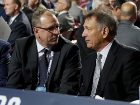 Keith Gretzky and Ken Holland of the Edmonton Oilers attend the 2019 NHL Draft at Rogers Arena on June 22, 2019 in Vancouver, Canada.