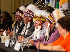 Grand Chief George Arcand Jr. of the Confederacy of Treaty Six First Nations and chief of Alexander First Nations speaks during a news conference on Thursday, July 21, 2022, with First Nations chiefs and residential school survivors ahead of a visit by Pope Francis  to Edmonton.