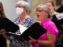 St. Thomas More Catholic Church members rehearse under music director Johanna Dietrich in Edmonton on Thursday, July 21, 2022 for a performance during Pope Francis' Mass at Commonwealth Stadium next Tuesday, July 26, 2022. 