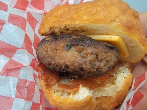 A healthy hit of bacon highlights the bison bannock slider from Native Delights, reviewed July 21 at the 2022 Taste of Edmonton Festival.