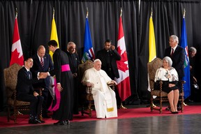Prime Minister Justin Trudeau, Pope Francis and Governor General of Canada Mary Simon are seen as the pontiff starts his papal visit in Canada after landing at Edmonton International Airport, on Sunday, July 24, 2022. A brief welcome ceremony greeted the head of the Catholic Church before he headed into Edmonton accompanied by his papal seguito (entourage).