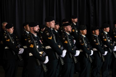 Soldiers with 1 Canadian Mechanized Brigade Group greet Pope Francis as he starts his papal visit in Canada after landing at Edmonton International Airport, on Sunday, July 24, 2022. A brief welcome ceremony greeted the head of the Catholic Church before he headed into Edmonton accompanied by his papal seguito (entourage).