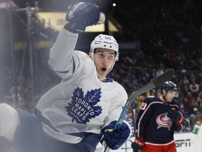 Toronto Maple Leafs' Ilya Mikheyev celebrates after his goal against the Columbus Blue Jackets during the first period of an NHL hockey game Monday, March 7, 2022, in Columbus, Ohio.