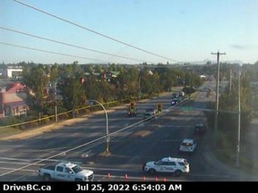 Langley, B.C.: July 25, 2022 -- A screenshot from DriveBC highway cam of Highway 10 at 200th Street in Langley, looking north. An emergency alert sent out to mobile phones warned of multiple shooting scenes in Langley City's downtown core.