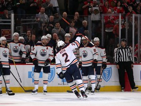 Edmonton Oilers defenceman and former Chicago Blackhawks player Duncan Keith (2) is honored during the first period against his former team at United Center.