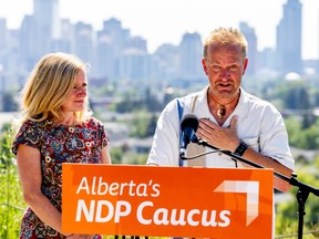 NDP Leader Rachel Notley (left) and Dave Nitsche call for UCP leadership candidate Danielle Smith to apologize for her comments about cancer.