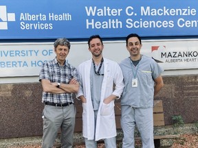 Three University of Alberta Hospital doctors who say a $170,000 specialized small bowel doule balloon endoscopy system would help detect colonic and small bowel cancers that often can’t be detected through other systems are (l to r) Dr. Sander van Zanten, Dr. Brendan Halloran and Dr. Sergio Zepeda.