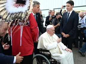 Pope Francis arrives in Canada after landing at Edmonton International Airport, western Canada, on July 24, 2022. - Pope Francis visits Canada for a chance to personally apologize to Indigenous survivors of abuse committed over a span of decades at residential schools run by the Catholic Church.