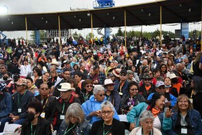 Indigenous community members await the arrival of Pope Francis at Muskwa Park in Maskwacis, Alberta, Canada, on July 25, 2022.