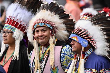 Indigenous leaders arrive to meet with Pope Francis at Muskwa Park in Maskwacis, Alberta, Canada, on July 25, 2022. - Pope Francis will make a historic personal apology Monday to Indigenous survivors of child abuse committed over decades at Catholic-run institutions in Canada, at the start of a week-long visit he has described as a "penitential journey."