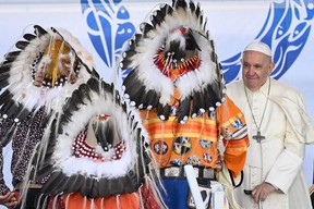 Pope Francis meets with Indigenous leaders at Muskwa Park in Maskwacis, Alberta, Canada, on July 25, 2022. - Pope Francis will make a historic personal apology Monday to Indigenous survivors of child abuse committed over decades at Catholic-run institutions in Canada, at the start of a week-long visit he has described as a 