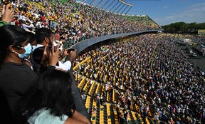 Pope Francis arrives for an open-air mass at Commonwealth Stadium in Edmonton, Canada, on July 26, 2022. - The Pope with be celebrating the feast of St. Anne, grandmother of Jesus, a day of particular reverence for Indigenous Catholics.